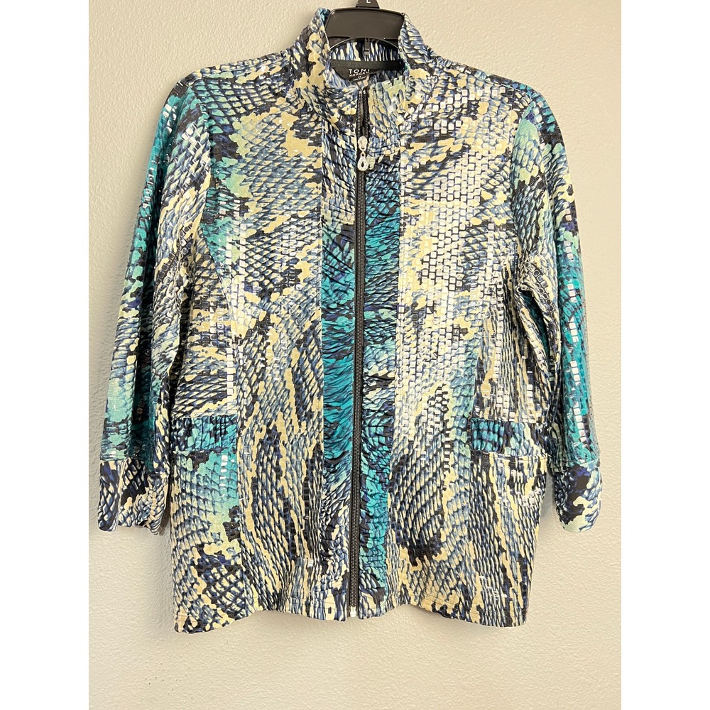 Toni Morgan Womens Teal Blue Snakeskin Print Full Zip Mock Neck Jacket Size M